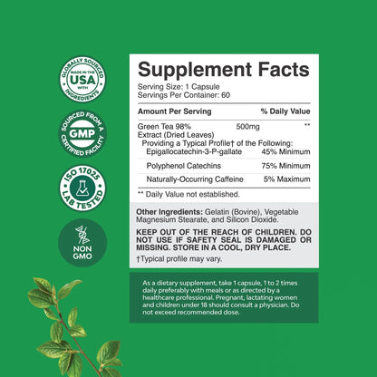 Green Tea Extract Capsules - Pure Extract - Metabolism Support - for Men and Women Natural Detox Cleanse